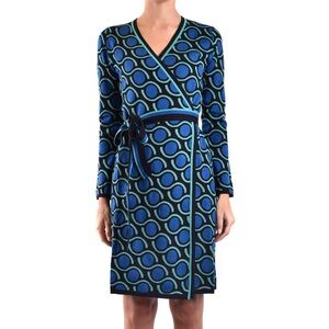 Diane Von Furstenberg Jacquard Blue and Green Patterned SweaterWrap Dress Size M